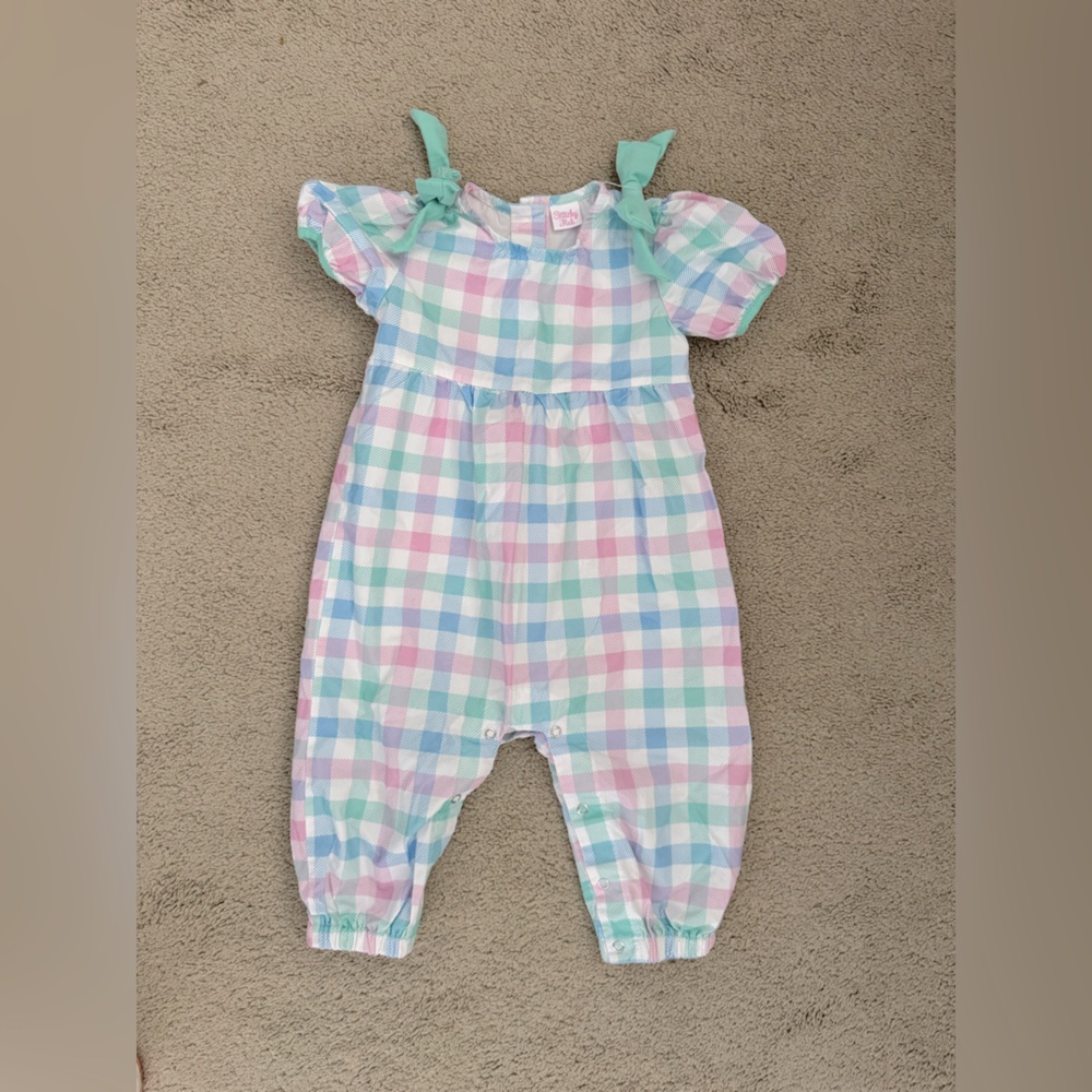 Pastel Gingham One-Piece Romper with Shoulder Ties - Unbranded